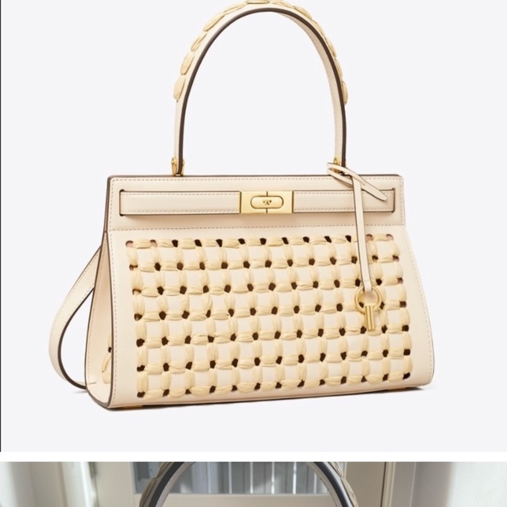 New Tory Burch Lee Radziwill Raffia Punch Woven Cream Shoulder Bag